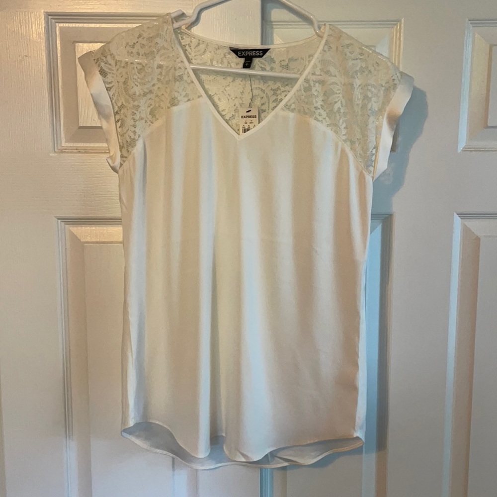 Express v-neck blouse, cream with lace back